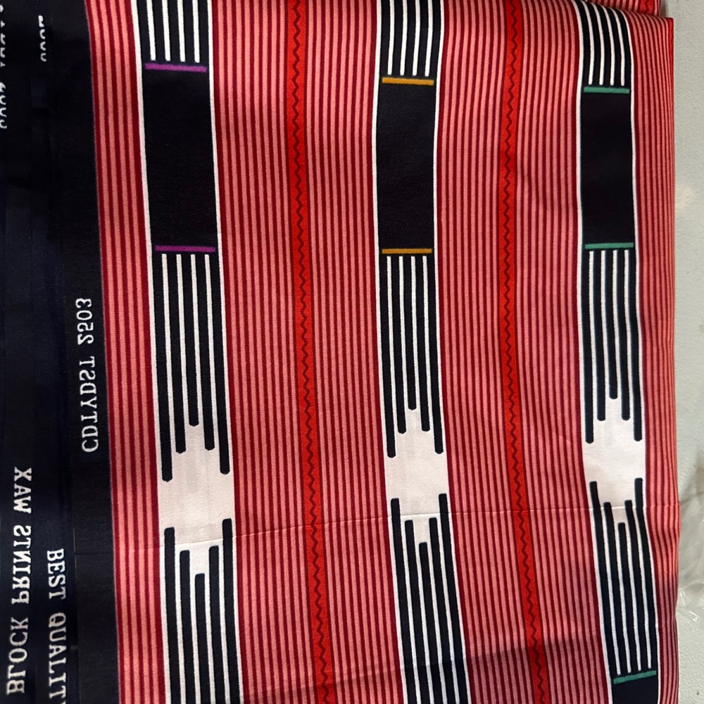 African Ankara Prints Wax 6 Yard Fabric Red Black White Geometric Stripe 46in W